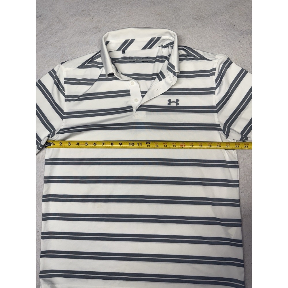 Under Armour Men's Large White Gray Striped‎ Loose Heatgear Golf Polo - Picture 3 of 5